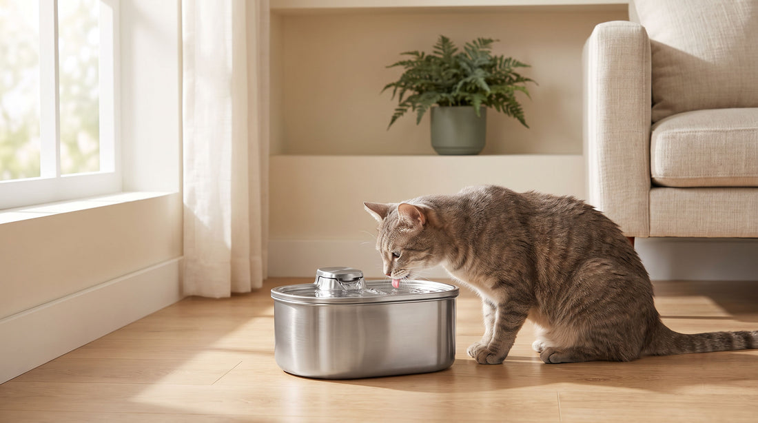 Chat détendu buvant à une fontaine à eau en inox dans un intérieur chaleureux