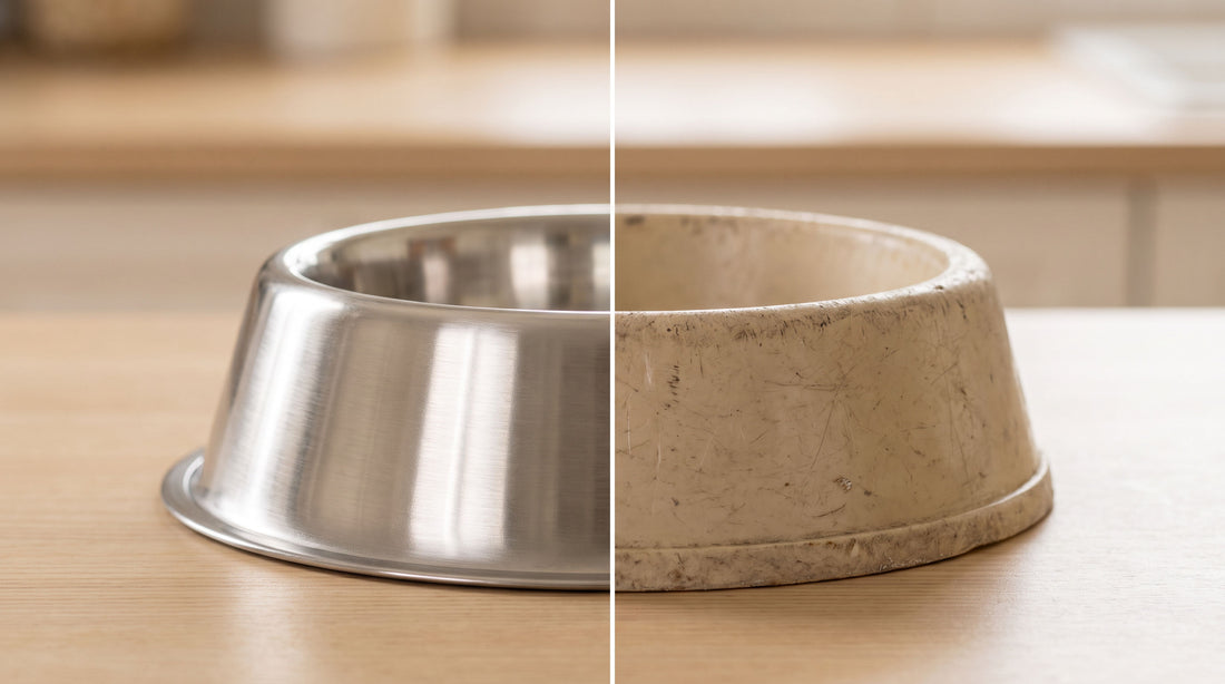 Comparaison entre une gamelle en inox brillante et une gamelle en plastique usée et rayée