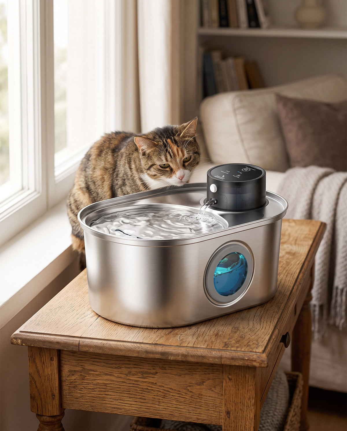 Fontaine sans fil posée librement dans un intérieur cosy, chat curieux