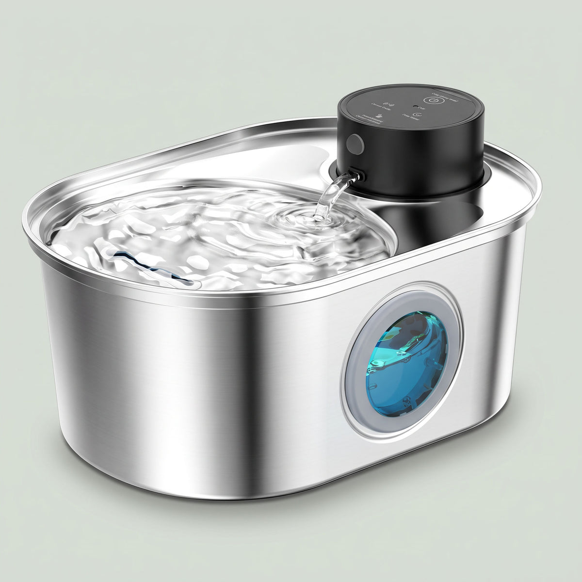 Fontaine à eau sans fil pour chat en acier inoxydable, vue 3/4, fond vert sauge