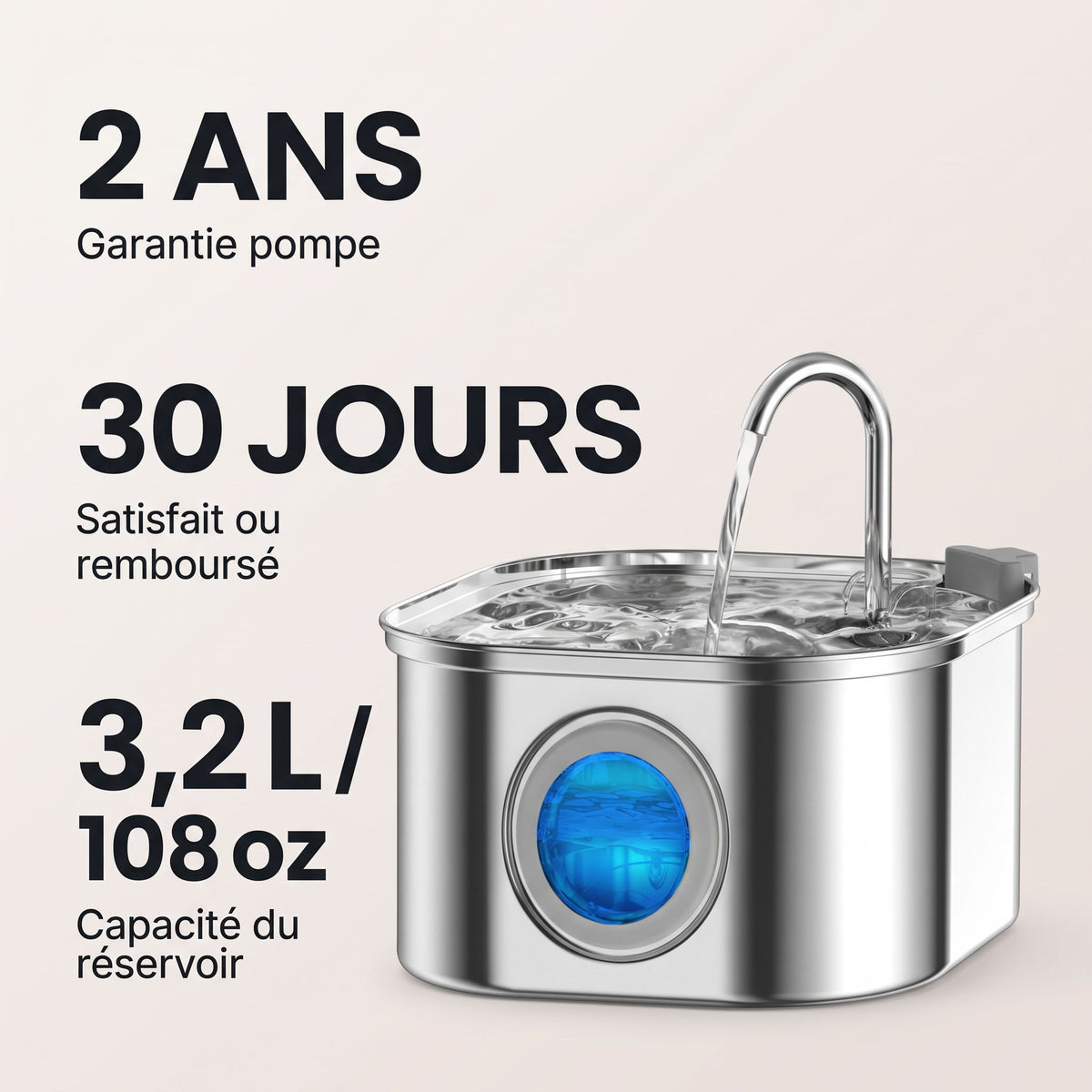 Garantie pompe 2 ans, satisfait ou remboursé 30 jours, capacité 3,2L/108oz