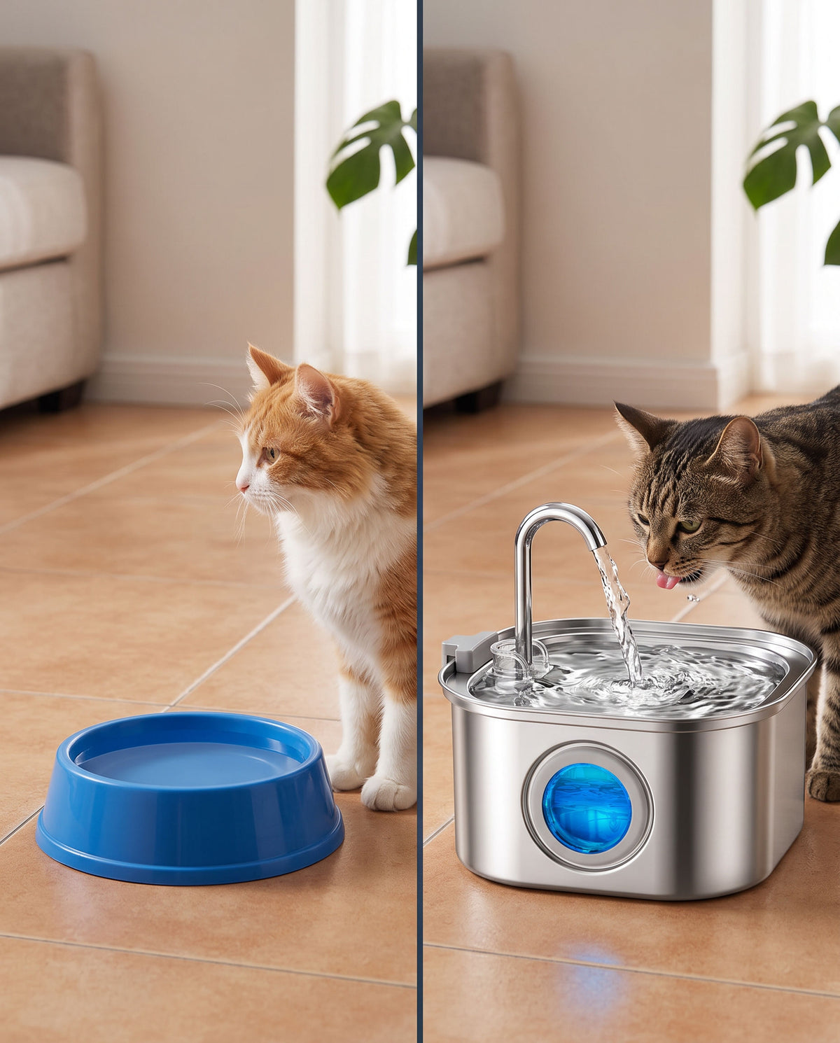 Avant/après : gamelle classique immobile vs fontaine à eau en mouvement