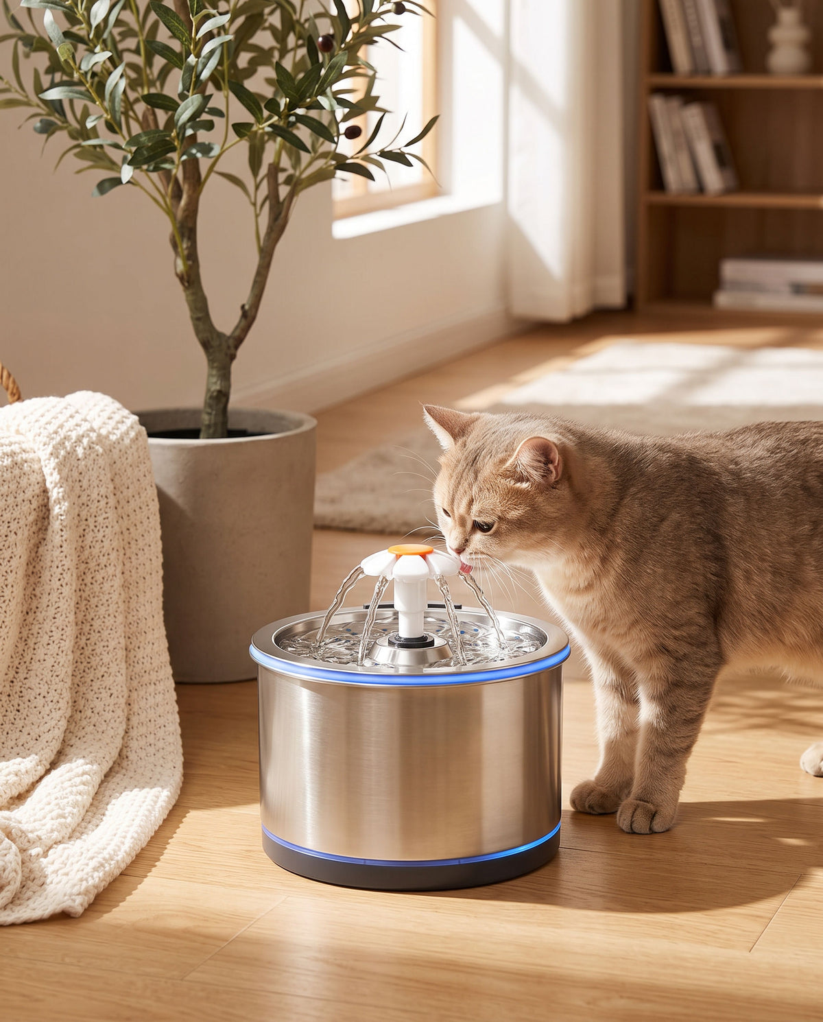 Fontaine fleur dans un intérieur lumineux, chat qui boit