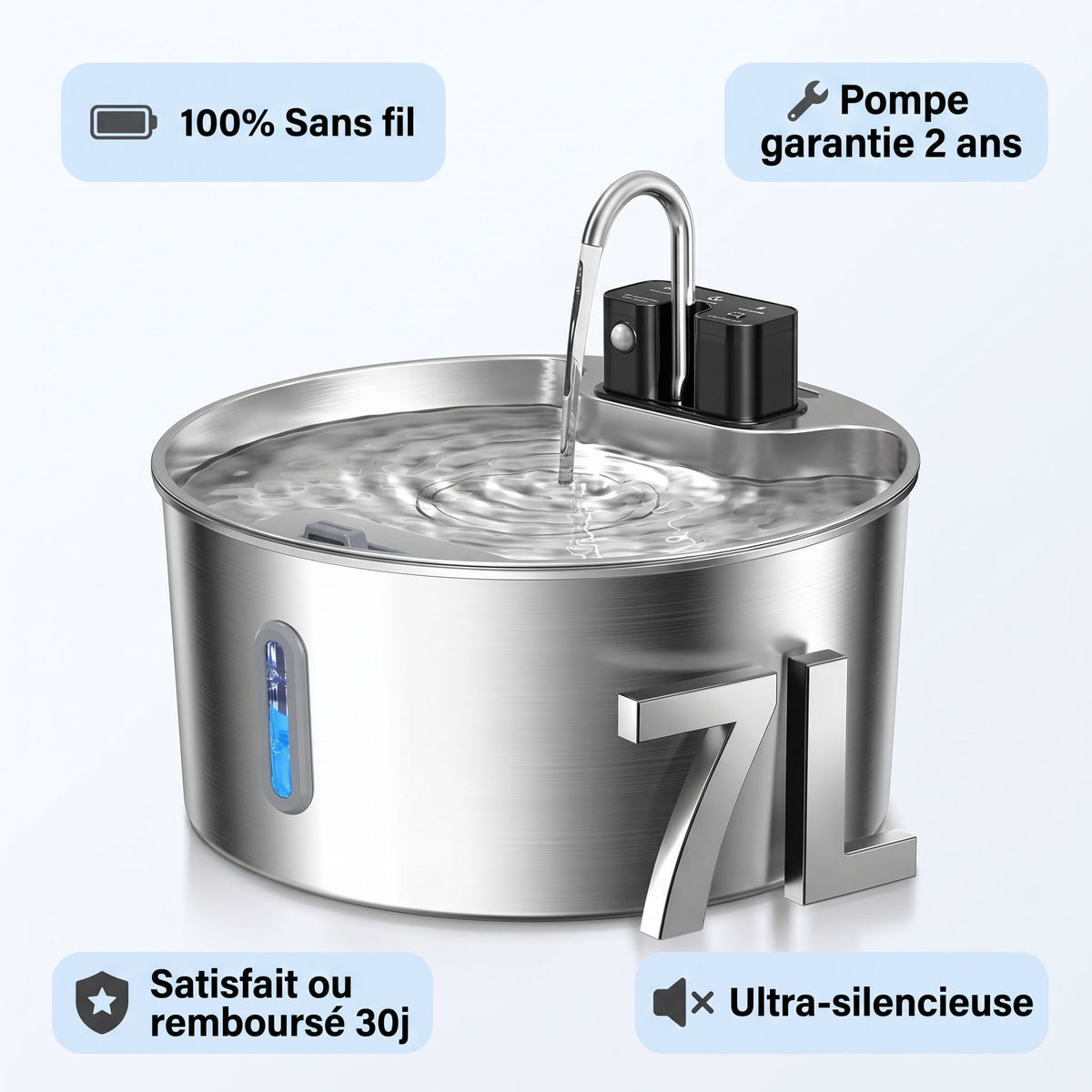 Fontaine BIGTYA - 100% sans fil, pompe garantie 2 ans, ultra-silencieuse, satisfait ou rembourse 30j