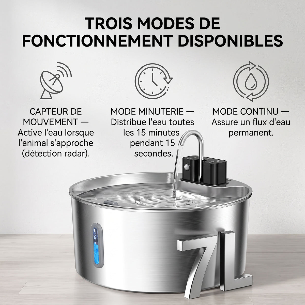 Fontaine BIGTYA - trois modes de fonctionnement : capteur, minuterie, continu