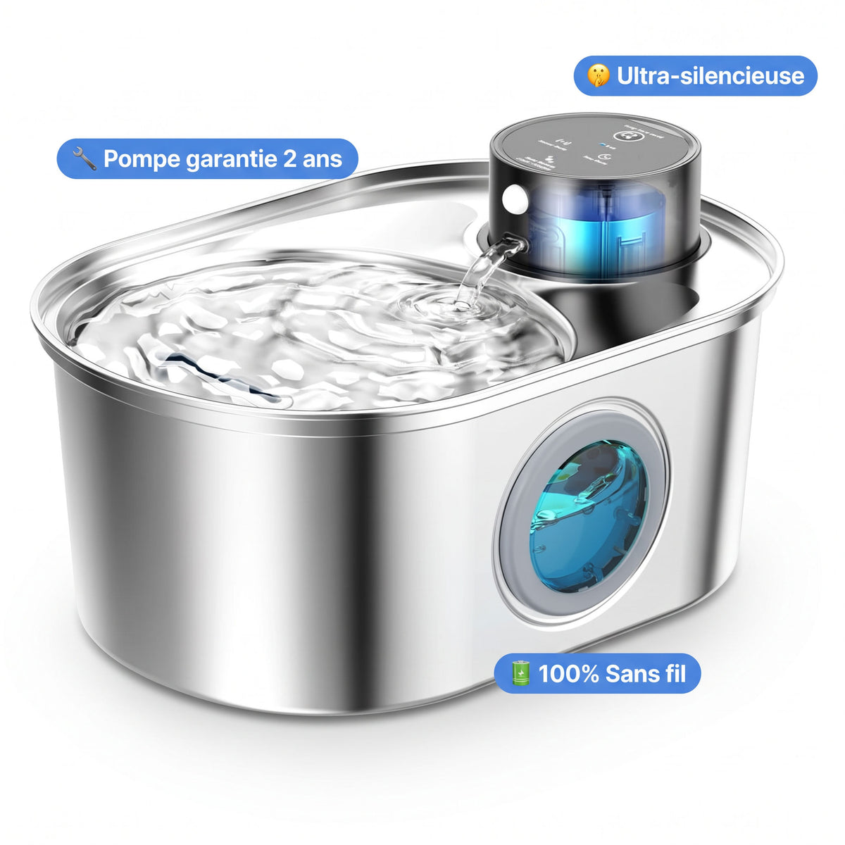 Fontaine à eau sans fil inox — pompe garantie 2 ans, 100% sans fil, ultra-silencieuse