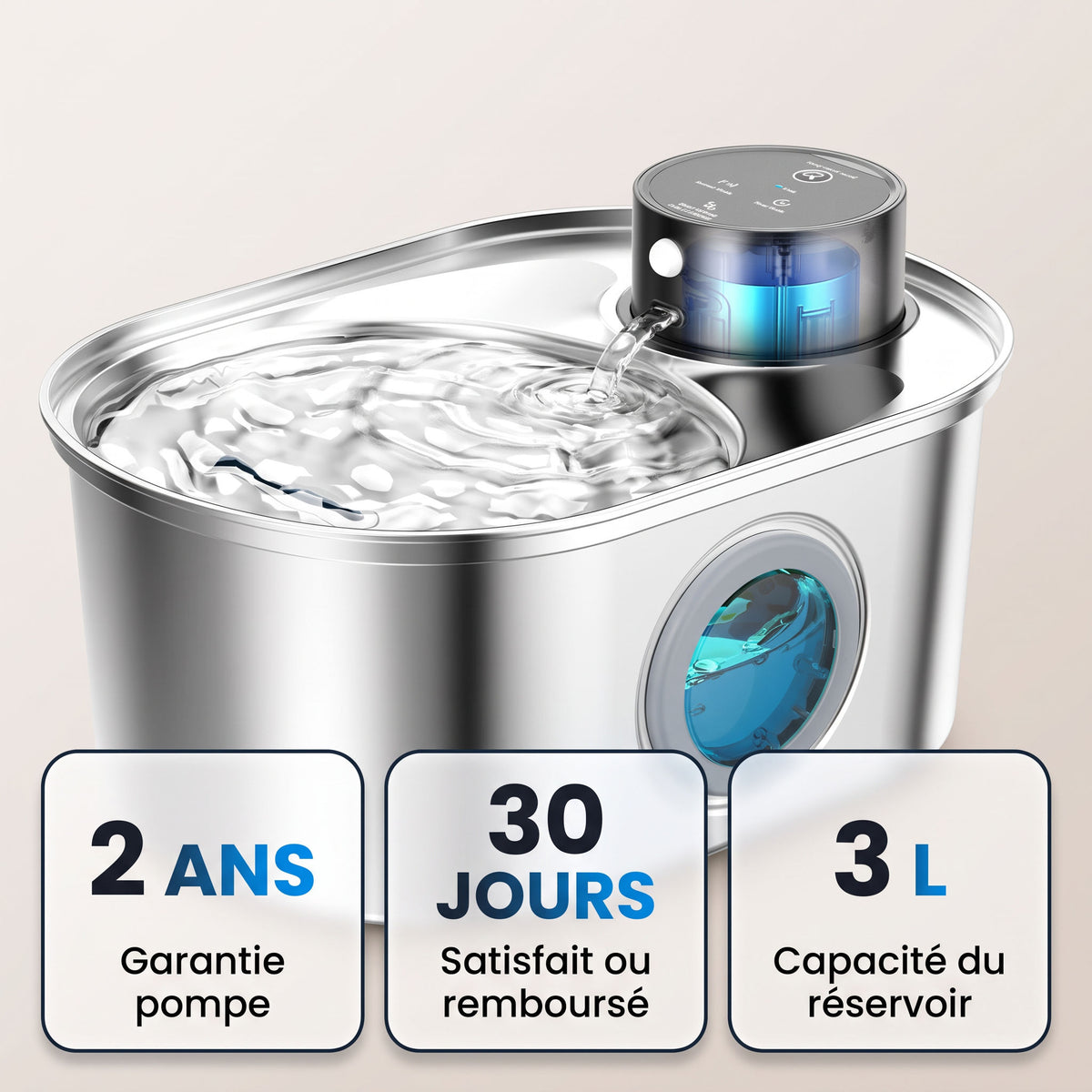 Garantie pompe 2 ans, satisfait ou remboursé 30 jours, capacité 3L