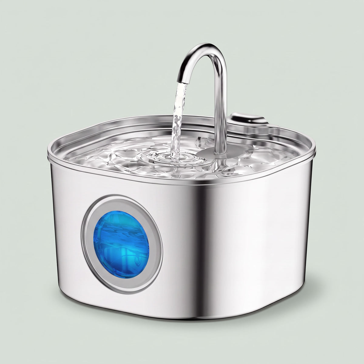 Distributeur d'eau à fenêtre transparente pour chat en acier inoxydable, vue 3/4, fond vert sauge