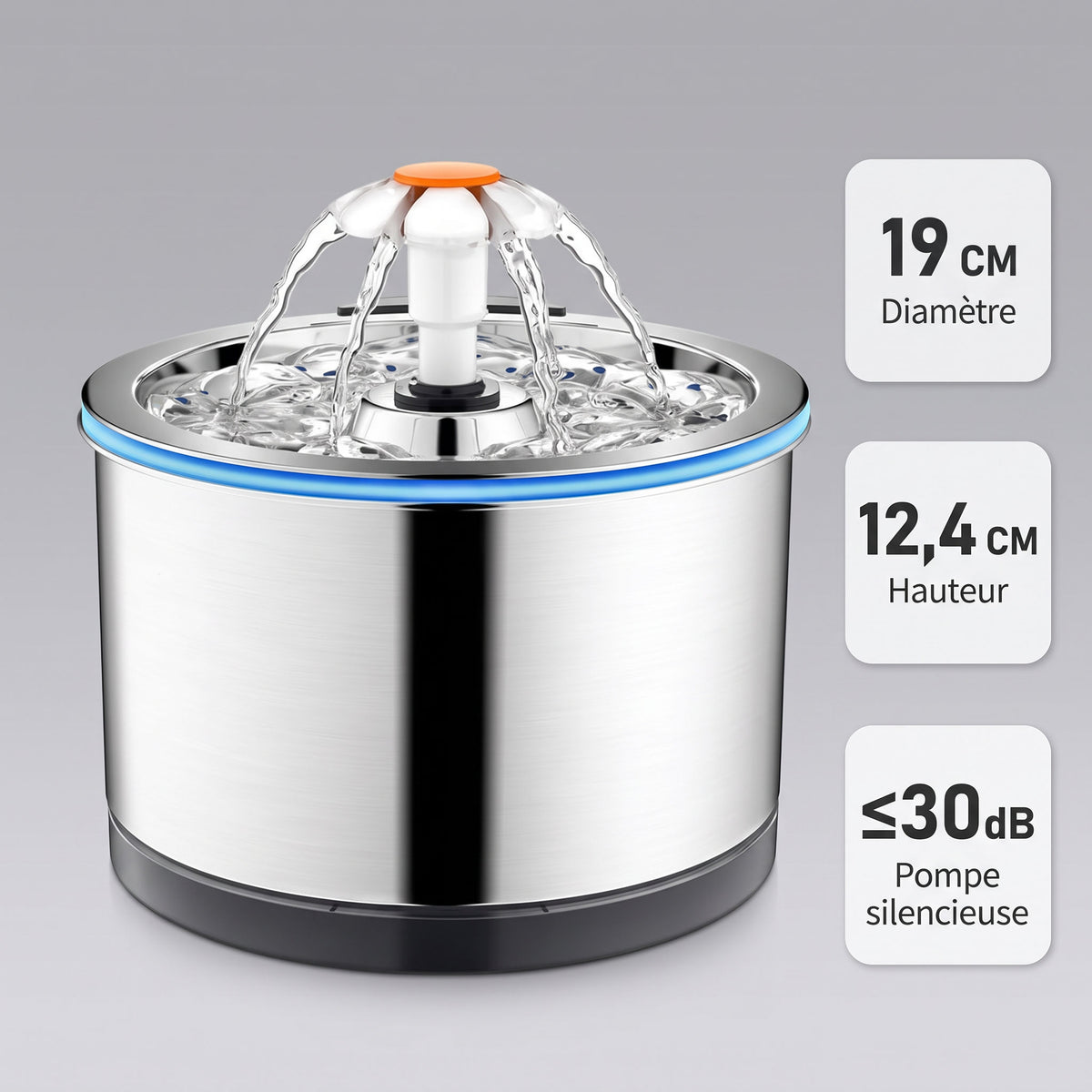 Dimensions 19 cm diamètre, 12,4 cm hauteur, pompe ≤30 dB