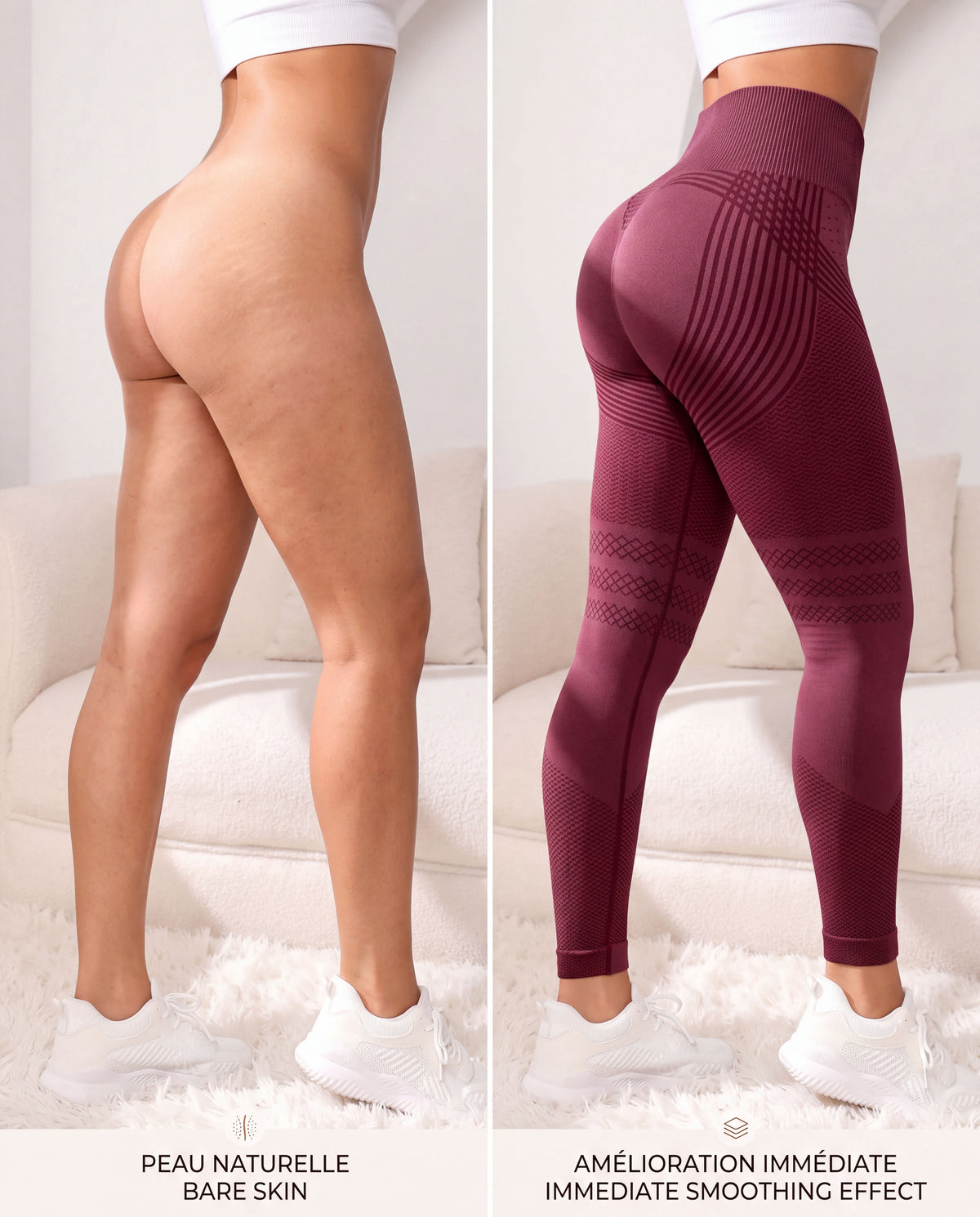 Avant/après effet visuel immédiat du legging anti-cellulite Quietya