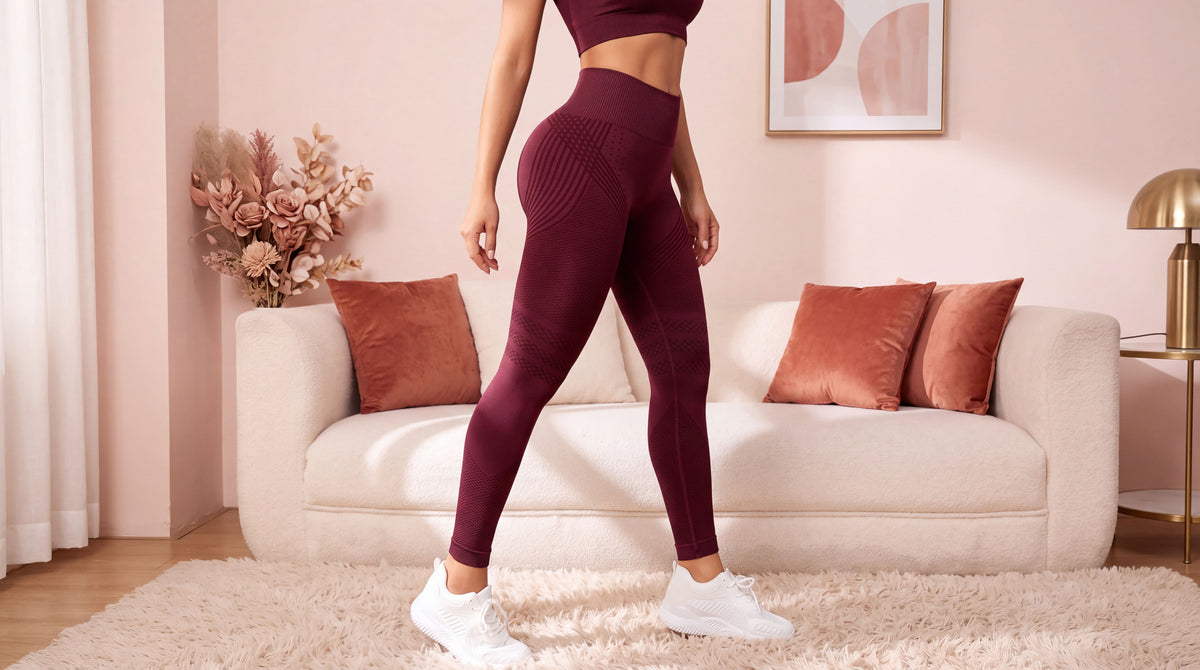 Femme portant le legging anti-cellulite Quietya bordeaux, hero page d'accueil