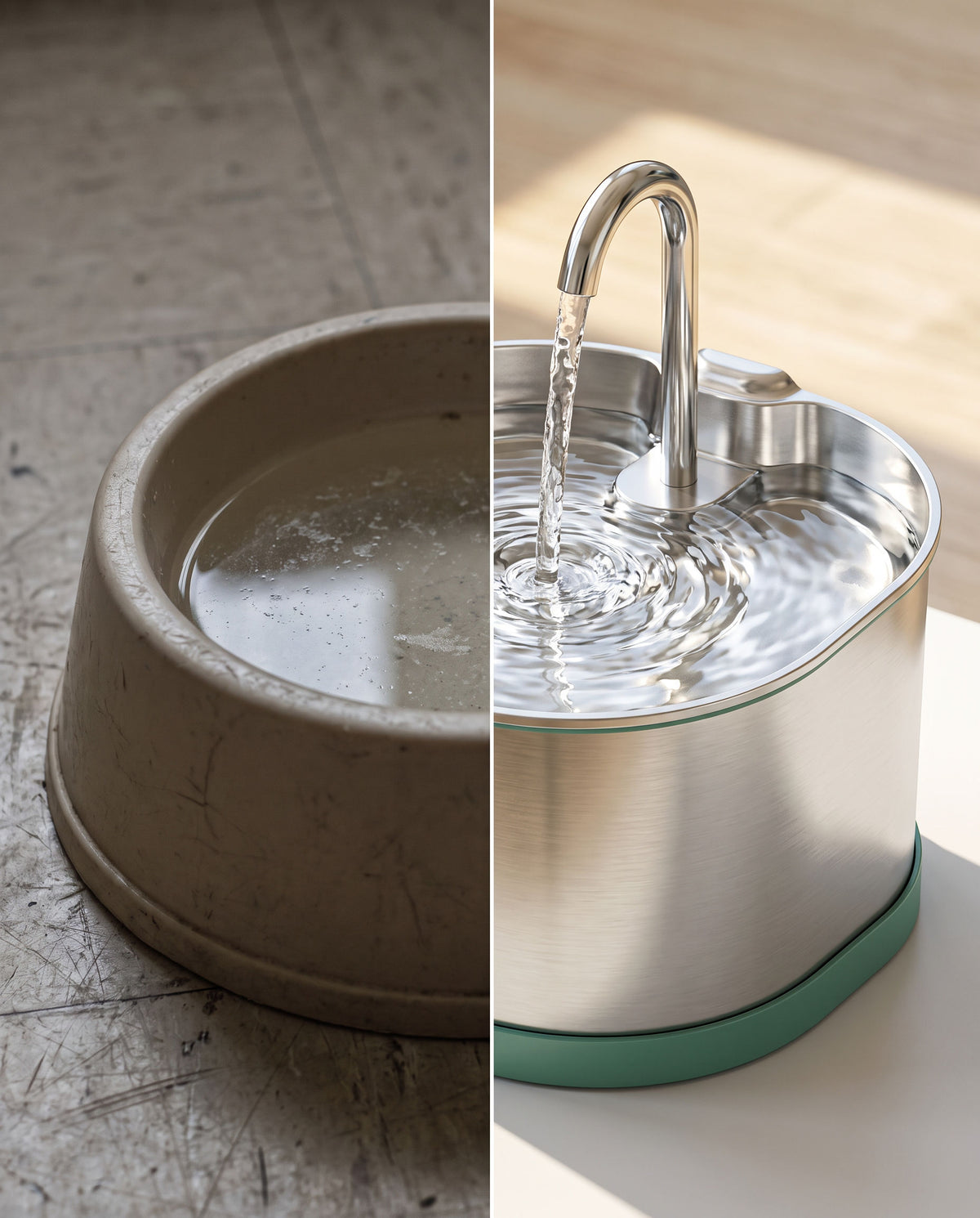 Comparaison gamelle stagnante et fontaine Quietya en mouvement