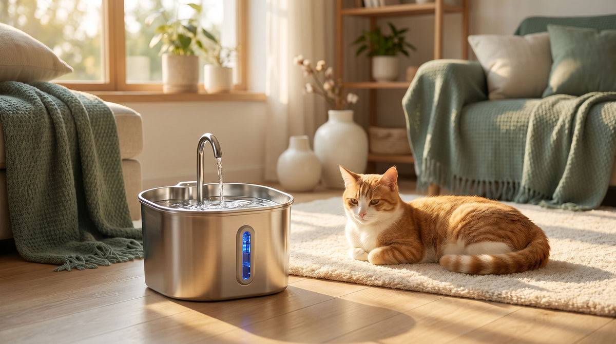 Chat détendu près de la fontaine à eau Quietya en inox, lumière naturelle