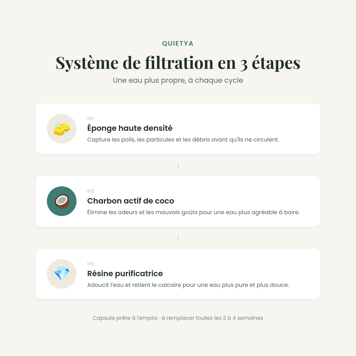 Systeme de filtration en 3 etapes : eponge, charbon actif, resine